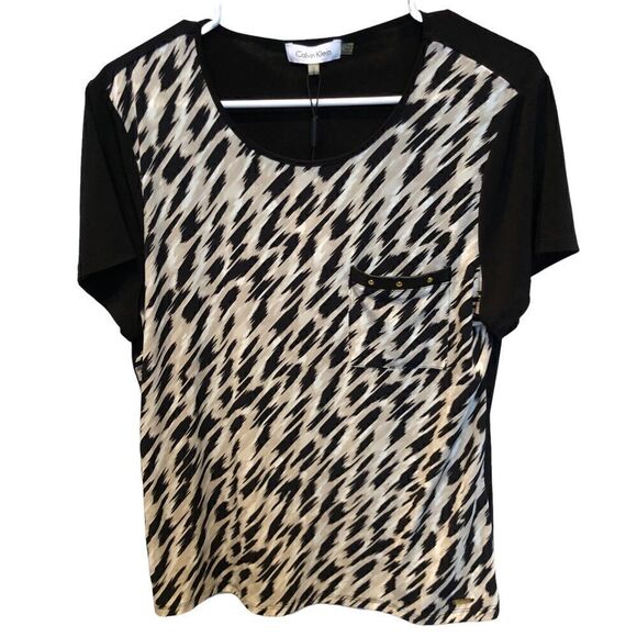 Calvin Klein Tops - Calvin Klein Short Sleeve Blouse black/tan/white Large New with tag